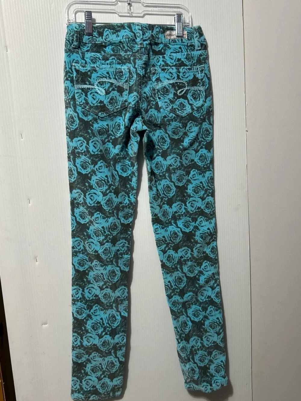 Justice Girls Teal and Black Rose Print Jeans